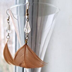 Bohemian Brown Feather White Plastic Bead Earrings